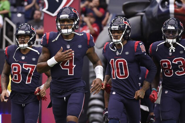 Houston Texans Demaryius Thomas (87), Deshaun Watson (4), DeAndre Hopkins (10) and Jordan Thomas (83) before an NFL football game against the Cleveland Browns, Sunday, Dec. 2, 2018, in Houston. (AP Photo/Eric Christian Smith)