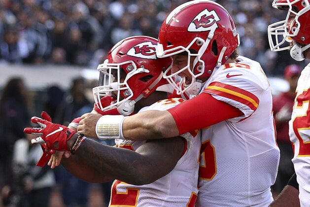 Kansas City Chiefs running back Spencer Ware, left, is congratulated by quarterback Patrick Mahomes after scoring against the Oakland Raiders during the second half of an NFL football game in Oakland, Calif., Sunday, Dec. 2, 2018. (AP Photo/Ben Margot)