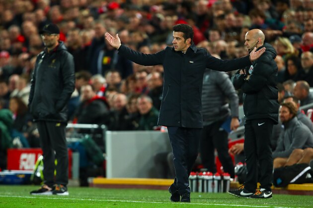 LIVERPOOL, ENGLAND - DECEMBER 02: Marco Silva the head coach / manager of Everton reacts during the Premier League match between Liverpool FC and Everton FC at Anfield on December 2, 2018 in Liverpool, United Kingdom. (Photo by Robbie Jay Barratt - AMA/Getty Images)