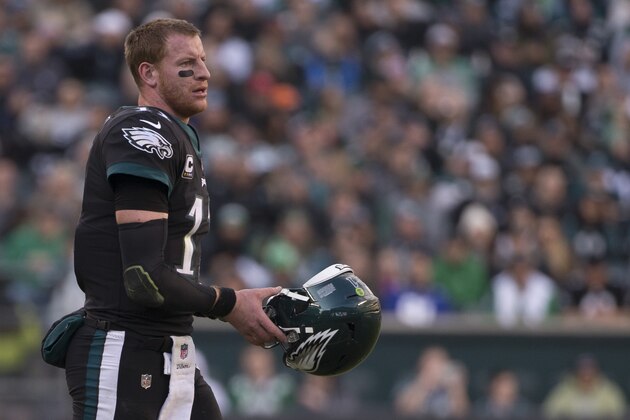 PHILADELPHIA, PA - NOVEMBER 25: Carson Wentz #11 of the Philadelphia Eagles looks on against the New York Giants at Lincoln Financial Field on November 25, 2018 in Philadelphia, Pennsylvania. (Photo by Mitchell Leff/Getty Images)