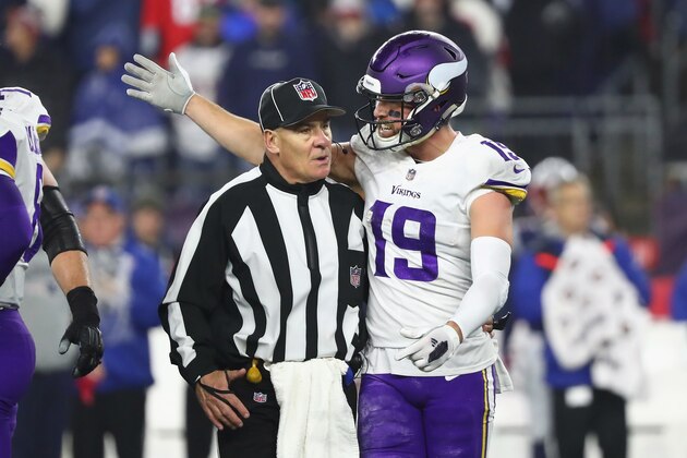 FOXBOROUGH, MA - DECEMBER 02:  Adam Thielen #19 of the Minnesota Vikings argues a call during the second half against the New England Patriots at Gillette Stadium on December 2, 2018 in Foxborough, Massachusetts.  (Photo by Adam Glanzman/Getty Images)
