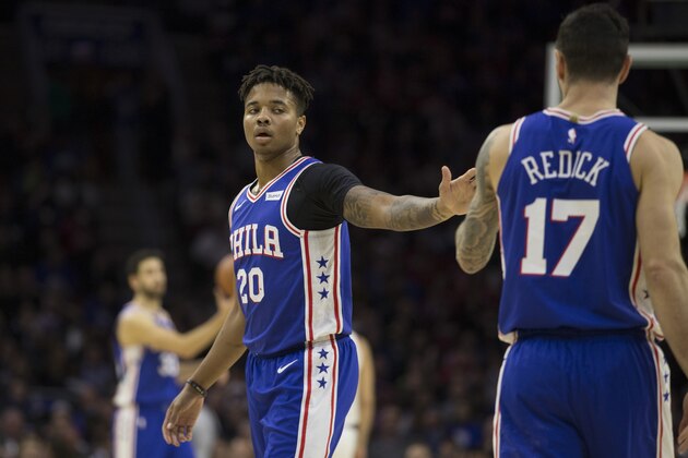 PHILADELPHIA, PA - NOVEMBER 19: Markelle Fultz #20 of the Philadelphia 76ers high fives JJ Redick #17 against the Phoenix Suns at the Wells Fargo Center on November 19, 2018 in Philadelphia, Pennsylvania. NOTE TO USER: User expressly acknowledges and agrees that, by downloading and or using this photograph, User is consenting to the terms and conditions of the Getty Images License Agreement. (Photo by Mitchell Leff/Getty Images)
