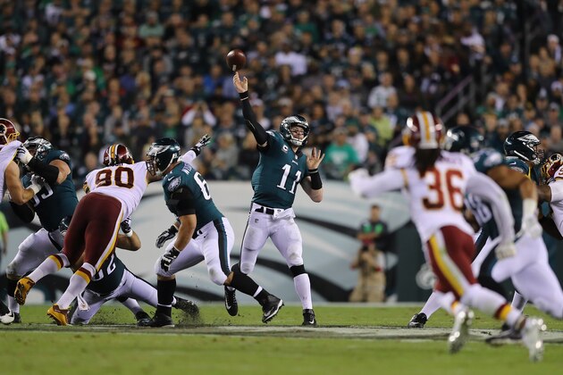 PHILADELPHIA, PA - OCTOBER 23:  Quarterback  Carson Wentz #11 of the Philadelphia Eagles throws an incomplete pass to  Nelson Agholor #13 (not pictured) against the Washington Redskins during the third quarter of the game at Lincoln Financial Field on October 23, 2017 in Philadelphia, Pennsylvania.  (Photo by Elsa/Getty Images)