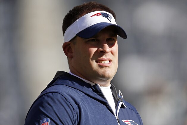New England Patriots offensive coordinator Josh McDaniels prior to an NFL football game against the New York Jets, Sunday, Nov. 25, 2018, in East Rutherford, N.J. (AP Photo/Adam Hunger)