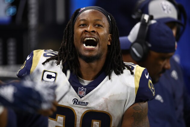 DETROIT, MI - DECEMBER 02:  Running back Todd Gurley #30 of the Los Angeles Rams celebrates the Rams  30-16 victory over the Lions  at Ford Field on December 2, 2018 in Detroit, Michigan. (Photo by Gregory Shamus/Getty Images)