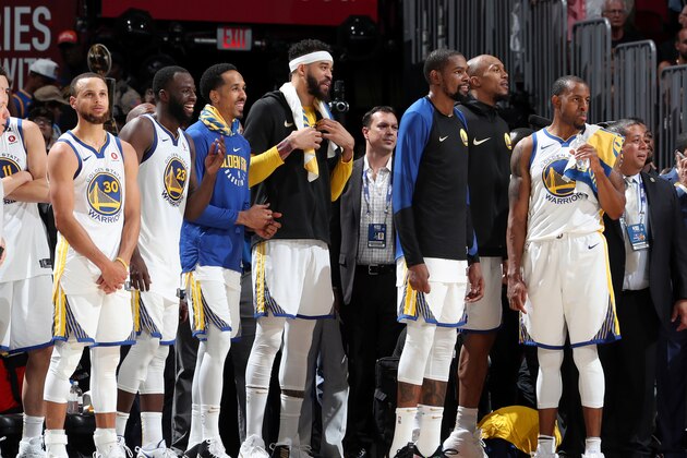 CLEVELAND, OH - JUNE 8: The Golden State Warriors look on in Game Four of the 2018 NBA Finals against the Cleveland Cavaliers on June 8, 2018 at Quicken Loans Arena in Cleveland, Ohio. NOTE TO USER: User expressly acknowledges and agrees that, by downloading and/or using this photograph, user is consenting to the terms and conditions of the Getty Images License Agreement. Mandatory Copyright Notice: Copyright 2018 NBAE (Photo by Nathaniel S. Butler/NBAE via Getty Images)
