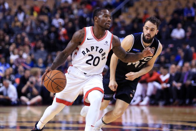 TORONTO, ON - OCTOBER 5:  Kay Felder #20 of the Toronto Raptors dribbles the ball during the second half of an NBA preseason game against Melbourne United at Scotiabank Arena on October 5, 2018 in Toronto, Canada.  NOTE TO USER: User expressly acknowledges and agrees that, by downloading and or using this photograph, User is consenting to the terms and conditions of the Getty Images License Agreement.  (Photo by Vaughn Ridley/Getty Images)