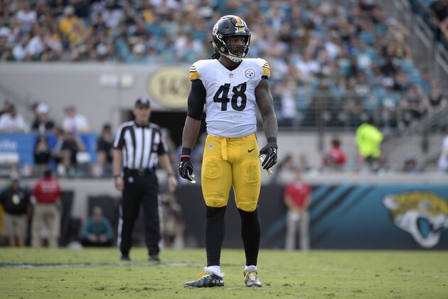 Pittsburgh Steelers outside linebacker Bud Dupree (48) sets up for a play during the first half of an NFL football game against the Jacksonville Jaguars Sunday, Nov. 18, 2018, in Jacksonville, Fla. (AP Photo/Phelan M. Ebenhack)