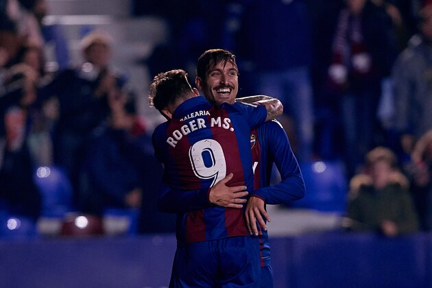 VALENCIA, SPAIN - DECEMBER 03: Roger Marti Salvador (L) of Levante UD celebrates after scoring a goal with his teammate Jose Angel Gomez Campana during the La Liga match between Levante UD and Athletic Bilbao at Ciutat de Valencia on December 3, 2018 in Valencia, Spain. (Photo by MB Media/Getty Images)