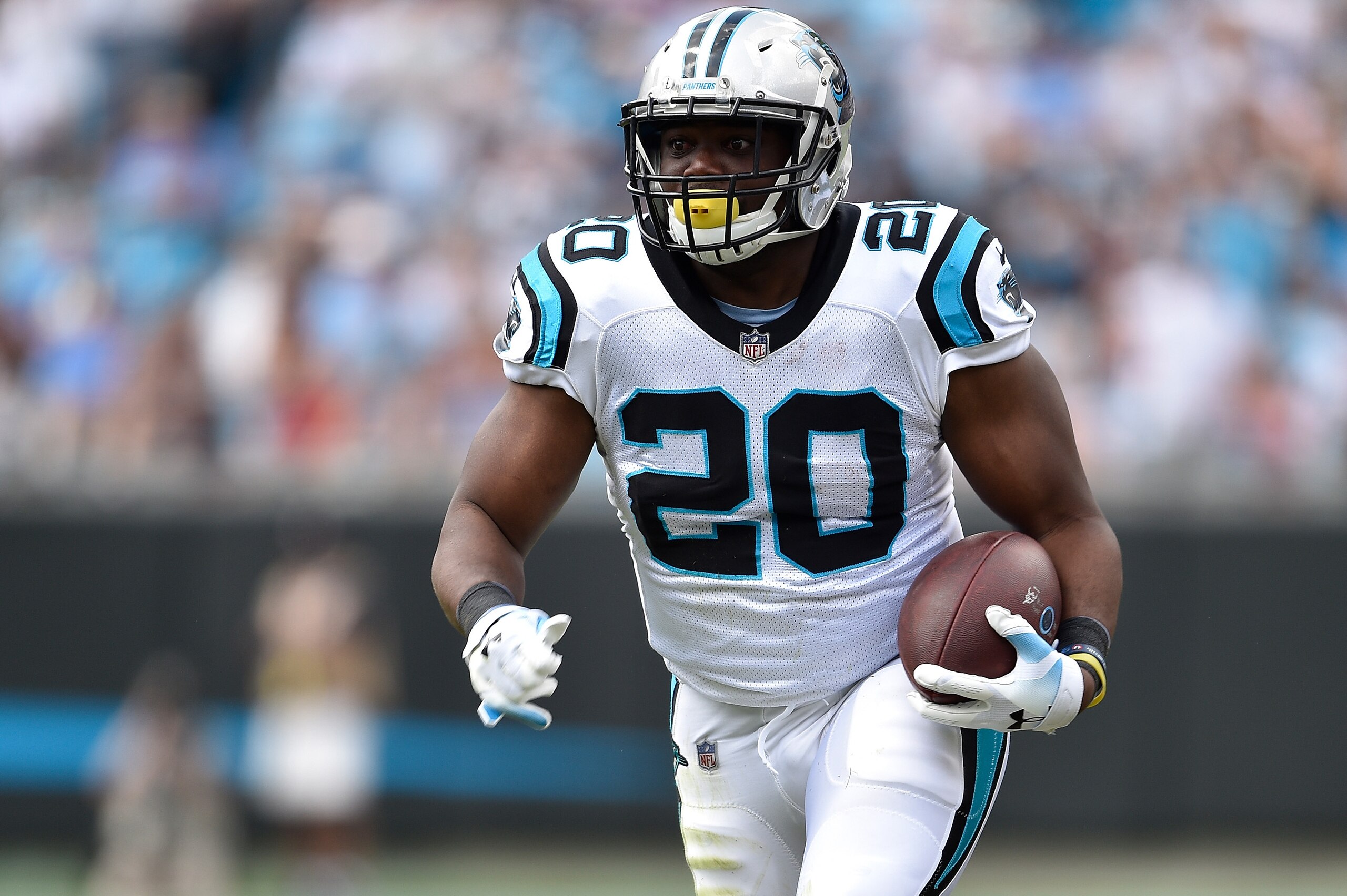 CHARLOTTE, NC - SEPTEMBER 23:  C.J. Anderson #20 of the Carolina Panthers against the Cincinnati Bengals during their game at Bank of America Stadium on September 23, 2018 in Charlotte, North Carolina. The Panthers won 31-21.  (Photo by Grant Halverson/Getty Images)