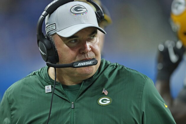 DETROIT, MI - OCTOBER 07: Green Bay Packers head football coach Mike McCarthy watches the actions during the fourth quarter of the game against the Detroit Lions at Ford Field on October 7, 2018 in Detroit, Michigan. The Lions defeated the Packers 31-23. (Photo by Leon Halip/Getty Images) ** Mike McCarthy **