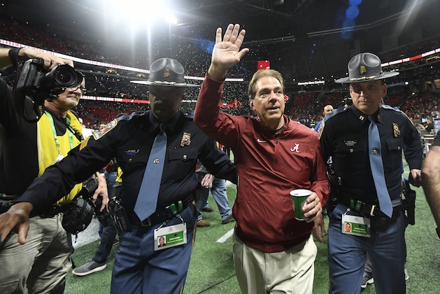 Alabama head coach Nick Saban leaves the field after the Southeastern Conference championship NCAA college football game against Georgia, Saturday, Dec. 1, 2018, in Atlanta. Alabama won 35-28. (AP Photo/John Amis)