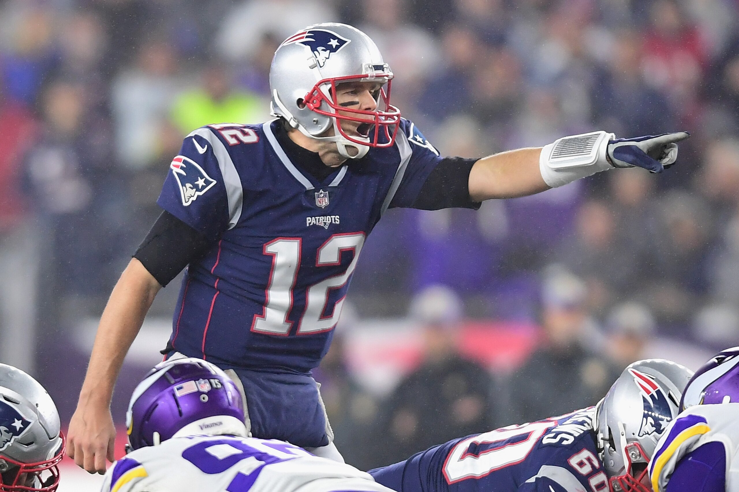 FOXBOROUGH, MA - DECEMBER 02:  Tom Brady #12 of the New England Patriots gestures during the second half against the Minnesota Vikings at Gillette Stadium on December 2, 2018 in Foxborough, Massachusetts.  (Photo by Billie Weiss/Getty Images)