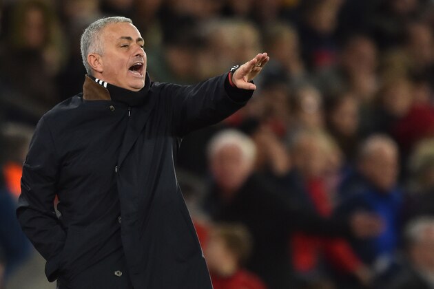 Manchester United's Portuguese manager Jose Mourinho gestures from the touchline during the English Premier League football match between Southampton and Manchester United at St Mary's Stadium in Southampton, southern England on December 1, 2018. (Photo by Glyn KIRK / AFP) / RESTRICTED TO EDITORIAL USE. No use with unauthorized audio, video, data, fixture lists, club/league logos or 'live' services. Online in-match use limited to 120 images. An additional 40 images may be used in extra time. No video emulation. Social media in-match use limited to 120 images. An additional 40 images may be used in extra time. No use in betting publications, games or single club/league/player publications. /         (Photo credit should read GLYN KIRK/AFP/Getty Images)