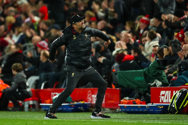 LIVERPOOL, ENGLAND - DECEMBER 02: Jurgen Klopp the manager / head coach of Liverpool reacts during the Premier League match between Liverpool FC and Everton FC at Anfield on December 2, 2018 in Liverpool, United Kingdom. (Photo by Robbie Jay Barratt - AMA/Getty Images)