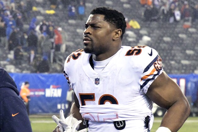 Chicago Bears outside linebacker Khalil Mack (52) leaves the field after an NFL football game against the New York Giants, Sunday, Dec. 2, 2018, in East Rutherford, N.J. The Giants won 30-27. (AP Photo/Bill Kostroun)