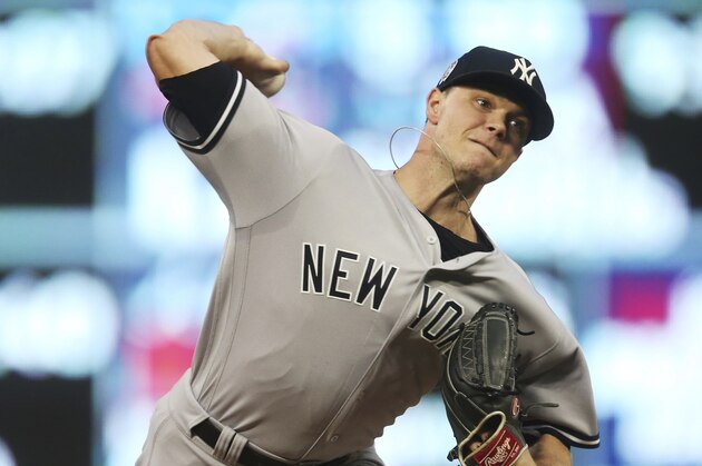 New York Yankees pitcher Sonny Gray throws against the Minnesota Twins in the first inning of a baseball game, Tuesday, Sept. 11, 2018, in Minneapolis. (AP Photo/Jim Mone)