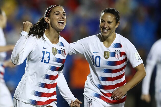 FRISCO, TX - OCTOBER 17:  Alex Morgan #13 and Carli Lloyd #10 of the United States during the CONCACAF Women's Championship final match at Toyota Stadium on October 17, 2018 in Frisco, Texas.  (Photo by Ronald Martinez/Getty Images)