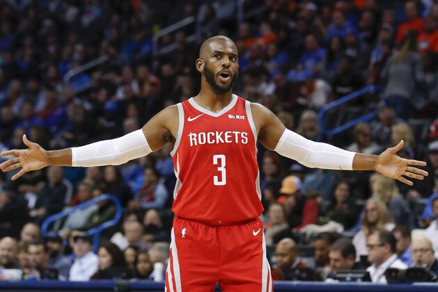 Houston Rockets guard Chris Paul (3) during the first half of an NBA basketball game against the Oklahoma City Thunder on Thursday, Nov. 8, 2018, in Oklahoma City. (AP Photo/Alonzo Adams)