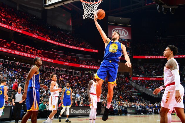ATLANTA, GA - DECEMBER 3: Klay Thompson #11 of the Golden State Warriors dunks the ball during the game against the Atlanta Hawks on December 3, 2018 at State Farm Arena in Atlanta, Georgia.  NOTE TO USER: User expressly acknowledges and agrees that, by downloading and/or using this Photograph, user is consenting to the terms and conditions of the Getty Images License Agreement. Mandatory Copyright Notice: Copyright 2018 NBAE (Photo by Scott Cunningham/NBAE via Getty Images)