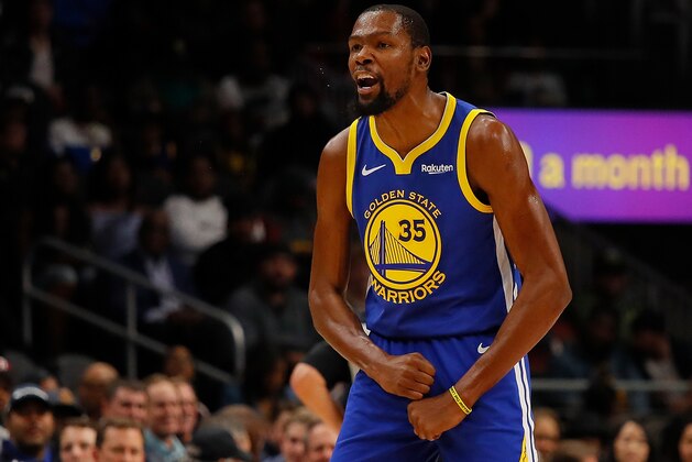 ATLANTA, GA - DECEMBER 03:  Kevin Durant #35 of the Golden State Warriors reacts against the Atlanta Hawks at State Farm Arena on December 3, 2018 in Atlanta, Georgia.  NOTE TO USER: User expressly acknowledges and agrees that, by downloading and or using this photograph, User is consenting to the terms and conditions of the Getty Images License Agreement.  (Photo by Kevin C. Cox/Getty Images)