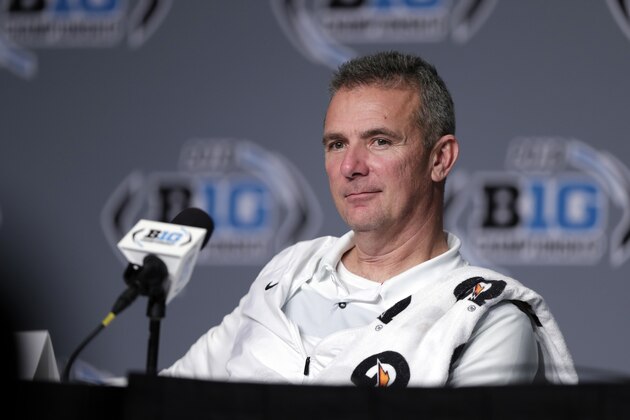 FILE - In this Dec. 2, 2018, file photo, Ohio State head coach Urban Meyer takes part in a news conference following the Big Ten championship NCAA college football game against Northwestern, in Indianapolis. Ohio State says Urban Meyer will retire after the Rose Bowl and assistant Ryan Day will be the next head coach. After seven years and a national championship at Ohio State, the 54-year-old Meyer will formally announce his departure Tuesday, Dec. 4, 2018, at a news conference.  (AP Photo/Michael Conroy, File)