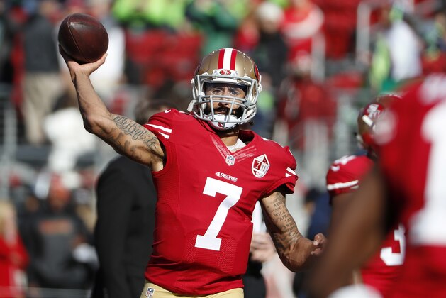 San Francisco 49ers quarterback Colin Kaepernick (7) warms up before an NFL football game against the Seattle Seahawks in Santa Clara, Calif., Sunday, Jan. 1, 2017. (AP Photo/Tony Avelar)