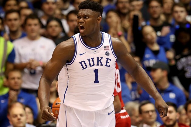 DURHAM, NC - NOVEMBER 27:  Zion Williamson #1 of the Duke Blue Devils reacts against the Indiana Hoosiers during their game at Cameron Indoor Stadium on November 27, 2018 in Durham, North Carolina.  (Photo by Streeter Lecka/Getty Images)