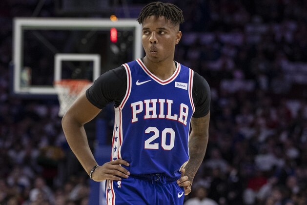 Philadelphia 76ers Markelle Fultz looks on during the first half of an NBA basketball game against the Philadelphia 76ers, Thursday, Oct. 18, 2018, in Philadelphia. The 76ers won 127-108. (AP Photo/Chris Szagola)