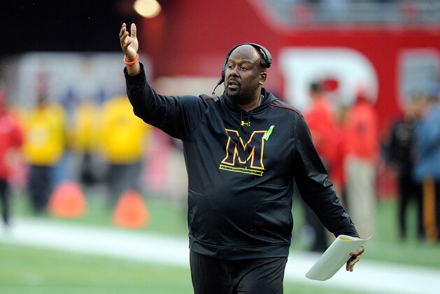 PISCATAWAY, NJ - NOVEMBER 28:  Interim head coach Mike Locksley of the Maryland Terrapins watches the game against the Rutgers Scarlet Knights on November 28, 2015 in Piscataway, New Jersey.  (Photo by G Fiume/Maryland Terrapins/Getty Images)
