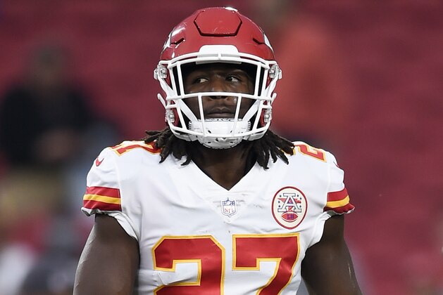 Kansas City Chiefs running back Kareem Hunt warms up prior to an NFL football game against the Los Angeles Rams Monday, Nov. 19, 2018, in Los Angeles. (AP Photo/Kelvin Kuo)