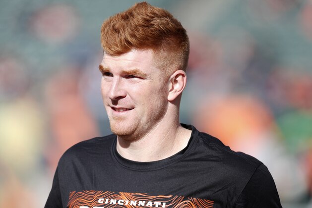 Cincinnati Bengals quarterback Andy Dalton stands on the field with his right hand in a cast before an NFL football game between the Bengals and the Denver Broncos in Cincinnati, Sunday, Dec. 2, 2018. The Broncos won the game 24-10. (Jeff Haynes/AP Images for Panini)