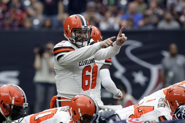 Cleveland Browns quarterback Baker Mayfield (6) during the first half of an NFL football game against the Houston Texans, Sunday, Dec. 2, 2018, in Houston. (AP Photo/Sam Craft)