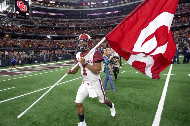 Oklahoma quarterback Kyler Murray (1) celebrates after beating Texas 39-27 in the Big 12 Conference championship NCAA college football game on Saturday, Dec. 1, 2018, in Arlington, Texas. (AP Photo/Jeffrey McWhorter) Oklahoma quarterback Kyler Murray (1) celebrates after beating Texas 39-27 in the Big 12 Conference championship NCAA college football game on Saturday, Dec. 1, 2018, in Arlington, Texas. (AP Photo/Jeffrey McWhorter)