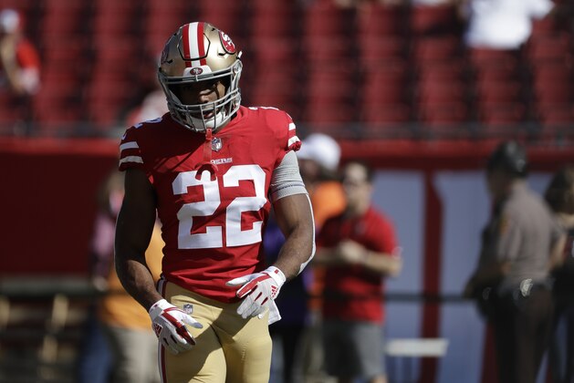 San Francisco 49ers running back Matt Breida (22) before an NFL football game against the Tampa Bay Buccaneers Sunday, Nov. 25, 2018, in Tampa, Fla. (AP Photo/Chris O'Meara)