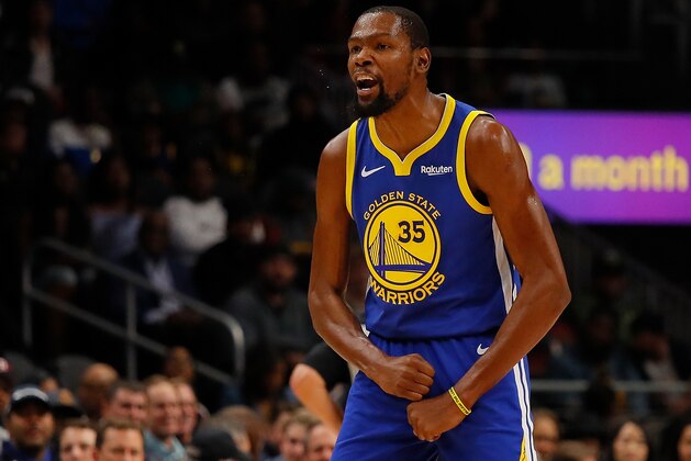ATLANTA, GA - DECEMBER 03:  Kevin Durant #35 of the Golden State Warriors reacts against the Atlanta Hawks at State Farm Arena on December 3, 2018 in Atlanta, Georgia.  NOTE TO USER: User expressly acknowledges and agrees that, by downloading and or using this photograph, User is consenting to the terms and conditions of the Getty Images License Agreement.  (Photo by Kevin C. Cox/Getty Images)