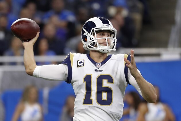 Los Angeles Rams quarterback Jared Goff throws against the Detroit Lions during an NFL football game in Detroit, Sunday, Dec. 2, 2018. (AP Photo/Paul Sancya)