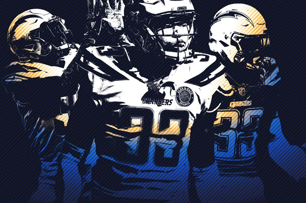 Los Angeles Chargers free safety Derwin James (33) gestures after intercepting a pass from Arizona Cardinals quarterback Josh Rosen during the first half of an NFL football game Sunday, Nov. 25, 2018, in Carson, Calif. (AP Photo/Kelvin Kuo )