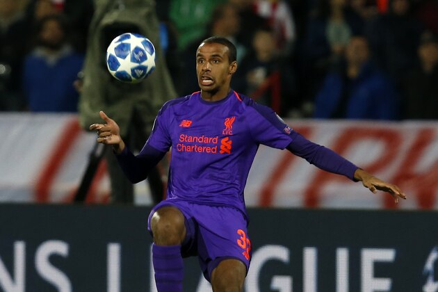 Liverpool defender Joel Matip controls the ball during the Champions League group C soccer match between Red Star and Liverpool at Rajko Mitic stadium in Belgrade, Tuesday, Nov. 6, 2018. (AP Photo/Darko Vojinovic)