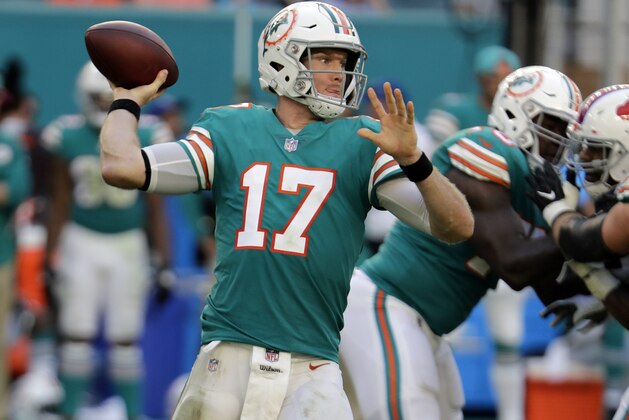 Miami Dolphins quarterback Ryan Tannehill (17) loos to pass, during the second half of an NFL football game against the Buffalo Bills, Sunday, Dec. 2, 2018, in Miami Gardens, Fla. The Dolphins defeated the Bill 21-17. (AP Photo/Lynne Sladky)