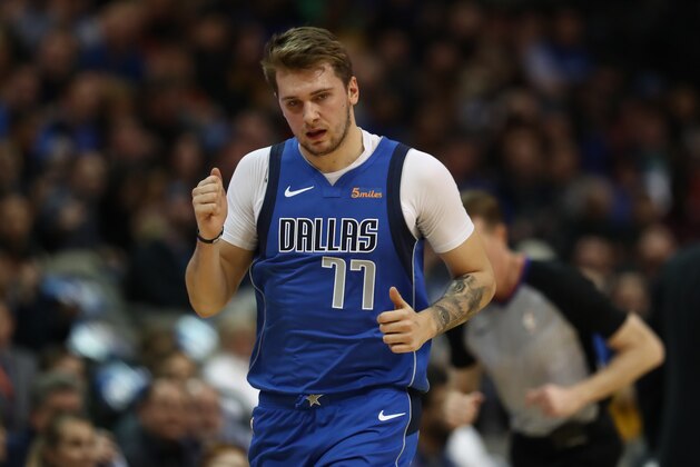 DALLAS, TEXAS - DECEMBER 04:  Luka Doncic #77 of the Dallas Mavericks during play against the Portland Trail Blazers at American Airlines Center on December 04, 2018 in Dallas, Texas.  NOTE TO USER: User expressly acknowledges and agrees that, by downloading and or using this photograph, User is consenting to the terms and conditions of the Getty Images License Agreement.  (Photo by Ronald Martinez/Getty Images)