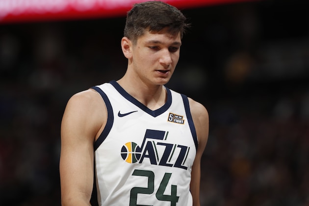 Utah Jazz guard Grayson Allen (24) in the first half of an NBA basketball game Saturday, Nov. 3, 2018, in Denver. (AP Photo/David Zalubowski)