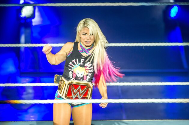 Alexa Bliss gestures in the ring during the WWE show at Zenith Arena on may 09, 2017 in Lille, France. / AFP PHOTO / PHILIPPE HUGUEN        (Photo credit should read PHILIPPE HUGUEN/AFP/Getty Images)