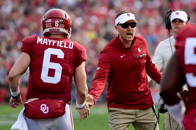 PASADENA, CA - JANUARY 01:  Baker Mayfield #6 of the Oklahoma Sooners shakes hands with head coach Lincoln Riley during the 2018 College Football Playoff Semifinal Game against the Georgia Bulldogs at the Rose Bowl Game presented by Northwestern Mutual at the Rose Bowl on January 1, 2018 in Pasadena, California.  (Photo by Harry How/Getty Images)