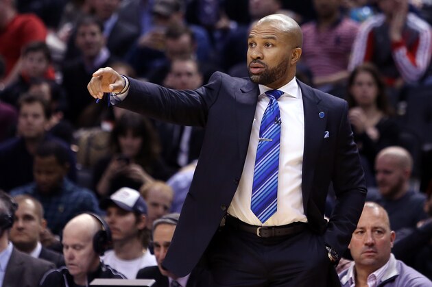 TORONTO, ON - JANUARY 28:  Head Coach Derek Fisher of the New York Knicks gestures to his players during an NBA game against the Toronto Raptors at the Air Canada Centre on January 28, 2016 in Toronto, Ontario, Canada.  NOTE TO USER: User expressly acknowledges and agrees that, by downloading and or using this photograph, User is consenting to the terms and conditions of the Getty Images License Agreement.  (Photo by Vaughn Ridley/Getty Images)