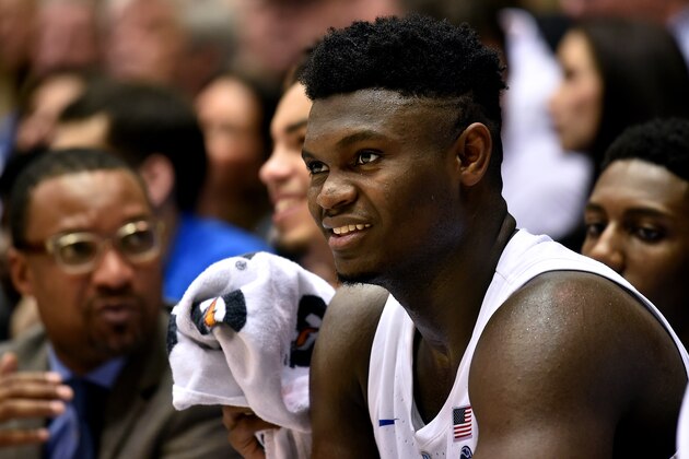 DURHAM, NC - DECEMBER 01: Zion Williamson #1 of the Duke Blue Devils looks on during their game against the Stetson Hatters at Cameron Indoor Stadium on December 1, 2018 in Durham, North Carolina. Duke won 113-49. (Photo by Lance King/Getty Images)