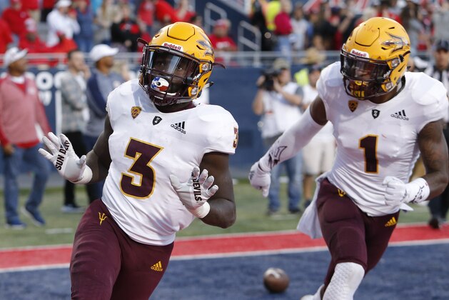 Arizona State running back Eno Benjamin (3) in the second half during an NCAA college football game against Arizona, Saturday, Nov. 24, 2018, in Tucson, Ariz. Arizona State defeated Arizona 41-40 to claim the Territorial Cup. (AP Photo/Rick Scuteri)