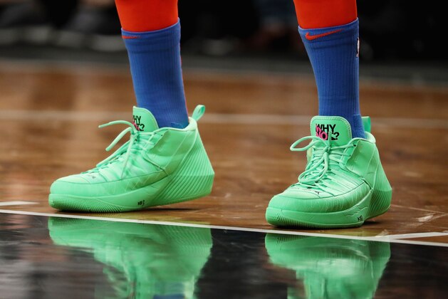 NEW YORK, NY - DECEMBER 05:  The sneakers of Russell Westbrook #0 of the Oklahoma City Thunder during their game at the Barclays Center on December 5, 2018 in New York City.  (Photo by Al Bello/Getty Images)