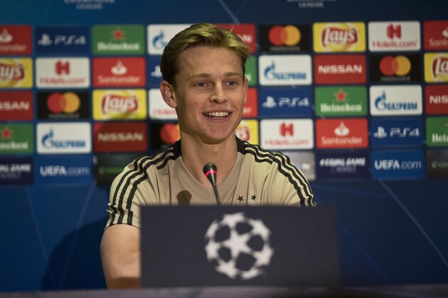 Ajax's player Frenkie de Jong answers a question during a news conference on Monday, Nov. 26, 2018.  Ajax will face AEK for a Group E Champions League soccer match in Athens, on Tuesday, Nov. 27 2018. (AP Photo/Petros Giannakouris)