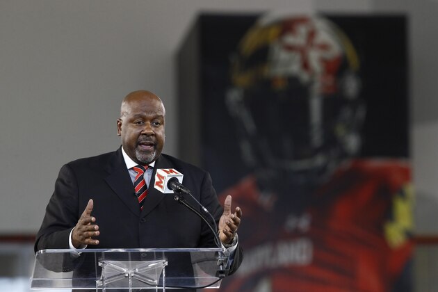Maryland's new head football coach Mike Locksley speaks at an NCAA college football news conference, Thursday, Dec. 6, 2018, in College Park, Md. Locksley, Alabama's offensive coordinator, will take over at Maryland after the most tumultuous year in the program's recent history. (AP Photo/Patrick Semansky)